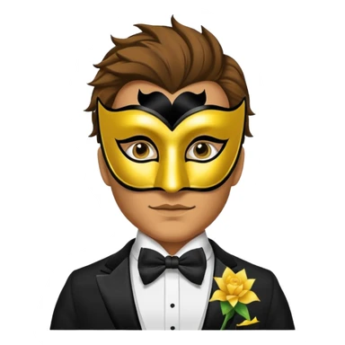 A man facing forward wearing a tuxedo with a yellow canary mask. The canary mask is in the style of a Venetian carnival mask. sticker