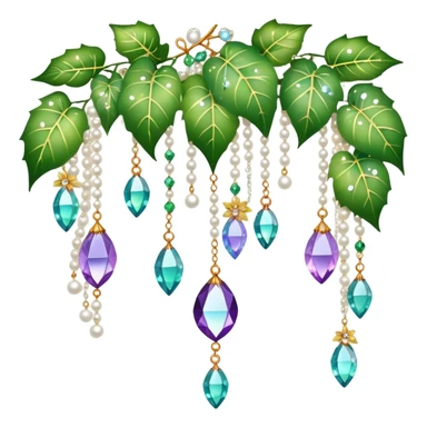 Exotic romantic Few cute tiny Iridescent glistening glossy sparkly shiny glittery hanging crystals pearls and beads and gemstones scenery scenic decorations with ivy and flowers sticker