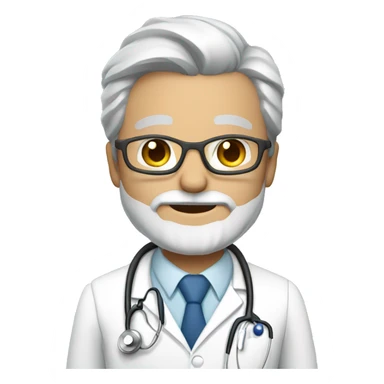 doctor with glasses, gray hair and beard with white coat and stethoscope sticker