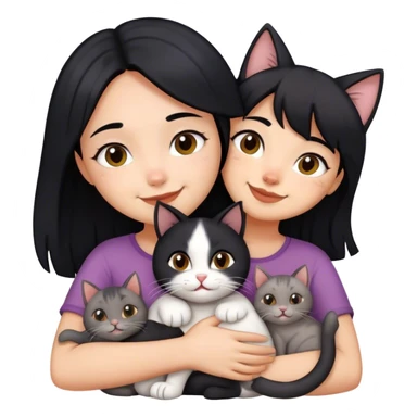 happy girl with black hair hugging three cats  (black cat, gray cat, brown calico cat) sticker