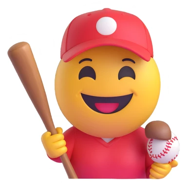 3D smiley emoji, round shape, wearing baseball cap and holding bat, sporty face sticker