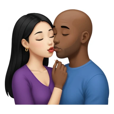 Bald black man with short beard deeply kissing, tonguing each other with open mouth. She is a shorter younger looking asain women. She has long black hair down to her elbows and a nose ring sticker