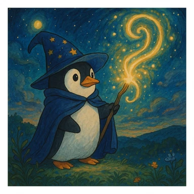 ghibli style penguin wizard casting a spell with a magical background sticker