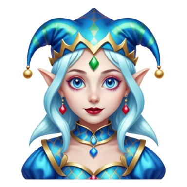 Cinematic chibi style girl in dressed like a Jester, very large glistening blue eyes, Ultra realistic 32k HD, Breathtaking piece of art, rim lighting, hauntingly beautiful art, vibrant colors, Balanced features, highly detailed digital artwork, glowing with silver light, glowing, high shine, deviant adoptable, highly detailed clothing, remembrance, a painting of white silver, fanciful, enchanting, ghostly, embodying the essence of both reality and fantasy, dreamy, dreamy glow, optical illusion, immaculate composition, complex pose, air composition. The image is so lifelike that it feels as though it could leap off the canvas at any moment sticker