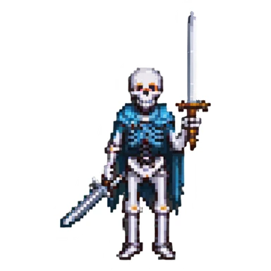 pixel art skeleton with a raised sword, classic RPG style sticker