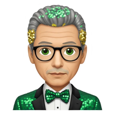 Jeff Goldblum with gray hair, dark green sequin suit with bow tie sticker