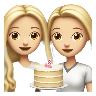 Girl with long blond hair and white girl with brown straight hair are holding big white cake sticker