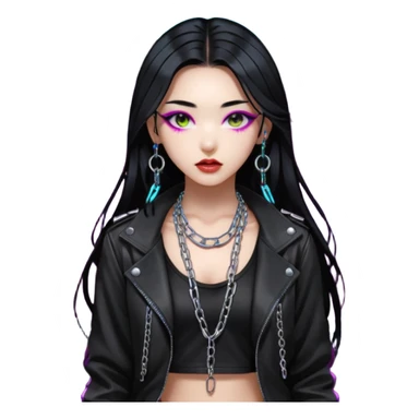  korean-techno-dj-girl,-wearing-a-stylish-edgy-outfit-with-metallic-chains,-long-black-hair,-performing-in-a-neon-lit-underground-club,-cyberpunk-aesthetic,-high-detail-3d-emoji-style,-energetic-and sticker