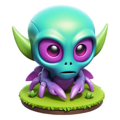 Clash of Clans aesthetic: Cinematic Playful 3D Isometric Alien Emoji, rendered in a 3D vector-style similar to standard emojis with minimal shading and bold, simplified shapes. A compact, distinct form with signature details, softly glowing with a futuristic sci-fi warfare charm. Simplified yet unmistakably iconic, highly detailed and consistent, glowing with a soft radiance and high shine. Stylized with a touch of high-tech brilliance and a soft glowing outline, capturing the essence of a beloved gaming relic with a friendly, playful manner! sticker