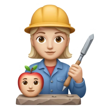 Apple Memoji-style 3D emoji of a sculptor with a small statue and chisel, smooth gradients, rounded edges, no background.during sculpting rock sticker