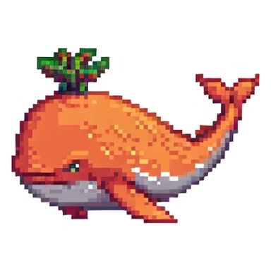 Magic whale, pixel art style, red and orange colors sticker