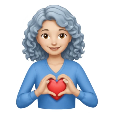 Silver hair, wavy/curly hair chin-length lady giving hug with 2 arms,  v-neck and smiling, add a heart, blue shirt sticker