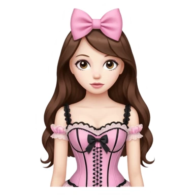 pretty, brown long hair, pale skin, eyeliner, pink bow, corset lace clothes sticker