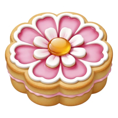 Realistic shortbread cookie in the shape of a camilia flower with pastel pink color jelly middle filling andkled powder sugar on top.emoj sprini sticker