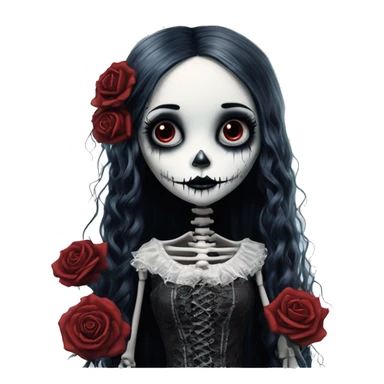 full body, hyper realism, full height skeleton, tim burton "corpse bride", thin porcelain doll with a cracked face, goth makeup watery eyes, long hair, lace and ruffles, lolita style, inked, black and white, red roses sticker