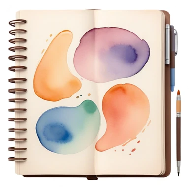 Cinematic Realistic image of an open sketchbook accompanied by a set of translucent watercolors, with delicate pigment stains and soft, flowing brushstrokes, captured under gentle, diffused lighting that highlights creative fluidity sticker