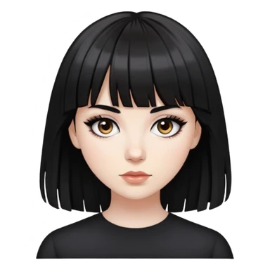 a white girl with black hair and bangs, dark brown eyes and eyeliner sticker