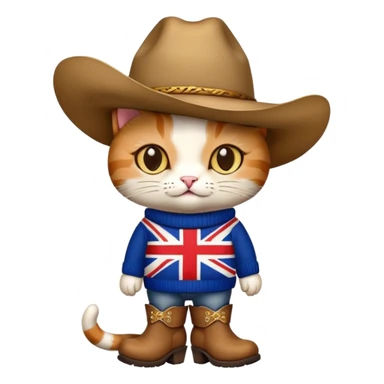 cat wearing union jack sweater and big cowboy hat and cowboy boots sticker