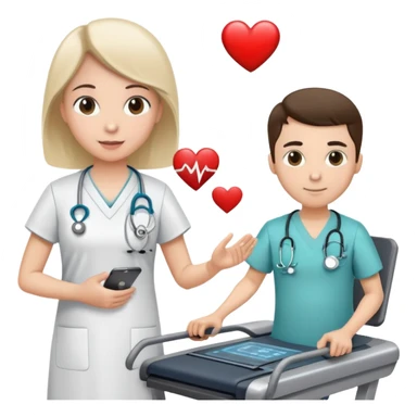 treadmill, patient in hospital gown, heart monitor, and doctor sticker