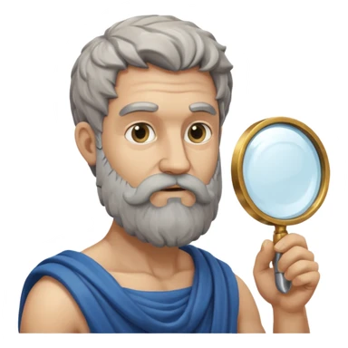 Dios griego con barba estilo estatua de color gris, de perfil mirando con una lupa de sticker