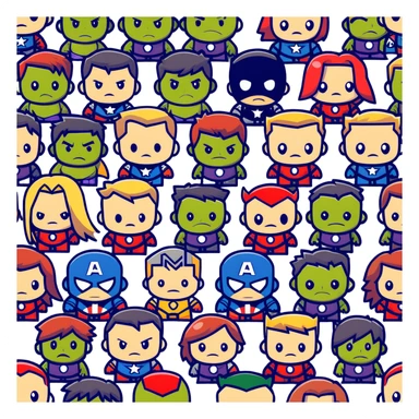 Chibi Avengers team with cute small proportions, big heads, tiny bodies. Include Iron Man, Captain America, Thor, Hulk, Black Widow, and Hawkeye with adorable expressions sticker