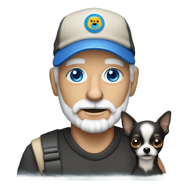 Old man with blue eyes goatee beard ball cap holding black Chihuahua long hair sticker