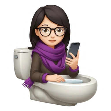 Fille châtain foncé avec lunettes. Elle porte une grosse écharpe. Elle est dans une cuvette de toilette. Téléphone en main. Realiste sticker