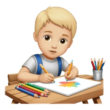 little boy drawing with pencils on white paper and wooden board outdoors sticker
