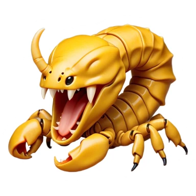 Cinematic Cute Yawning Emperor Scorpion Portrait Emoji, Head tilted slightly with a dramatic, wide-open yawn, showcasing a soft, textured exoskeleton with subtly drooping pincers and half-closed eyes in drowsy contentment, Simplified yet irresistibly adorable features, highly detailed, glowing with a soft, cozy glow, high shine, relaxed yet expressive, stylized with a dash of desert charm, soft glowing outline, capturing the essence of a sleepy yet affectionate scorpion that seems ready to stretch out for a nap! sticker