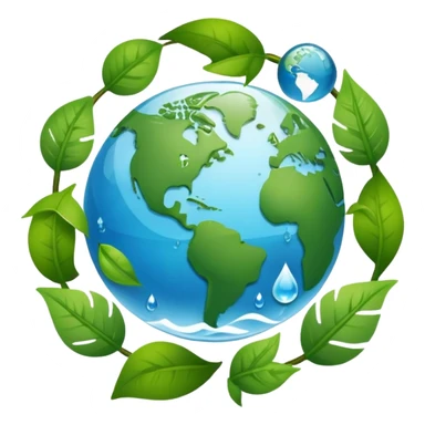 An icon featuring a globe with green leaves, a recycling symbol, and a water droplet, symbolizing ecology. The design includes trees, animals, and renewable energy icons, representing the study of ecosystems, environmental protection, and sustainability. Transparent background sticker