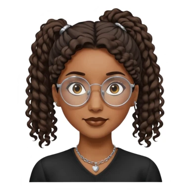 chica morena de ojos claros con gafas negras exagonales redondeadas. y pelo rizado castaño con todo el pelo recogido en una coleta . y un collar de plata . Con todo el pelo recogido un clen look sticker