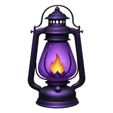 A Discord emoji of a dark violet flame burning inside a black iron lantern. The lantern has sharp, gothic edges and a small 'streak' of light emerging from it. Dark fantasy aesthetic, bold outlines, vibrant purple fire, white background, high detail but simple enough to be visible at 32x32 pixels. sticker