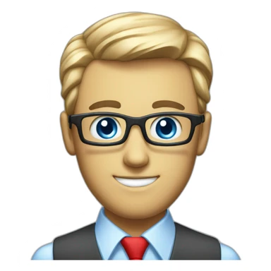 A guy with a class cube as a head with only 2 eyes and a red necktie. wich are blue like the glass. He wears sticker