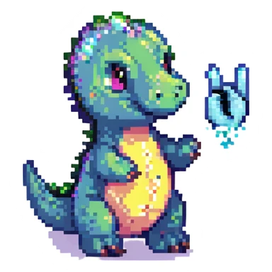 cute little purple dinosaur doing a peace sign with sparkles sticker
