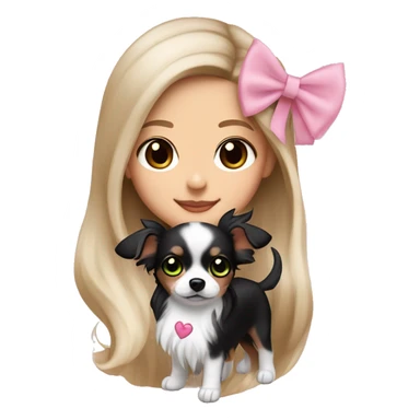 Tan brown haired girl with long styled hair with bright green eyes and wearing a light pink hair bow holding a black and white long haired chihuahua puppy also wearing a hair bow sticker