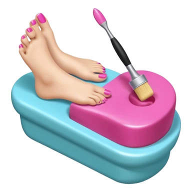 3D isometric emoji of a foot getting a pedicure, hand holding a nail polish brush, soft glossy texture sticker
