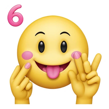 The image is a digital illustration of a yellow smiley face with big, round eyes and a big smile. The face is holding a pink tongue sticking out and making a 67 with its fingers. Above the face, The background is white. sticker