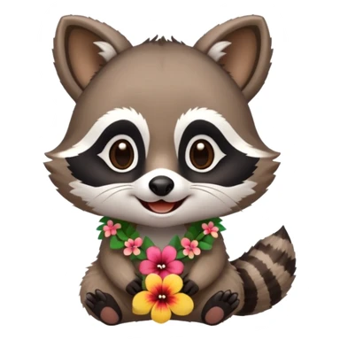 A cute chibi playful raccoon wearing a hawaiian flower necklace, looking festive. sticker