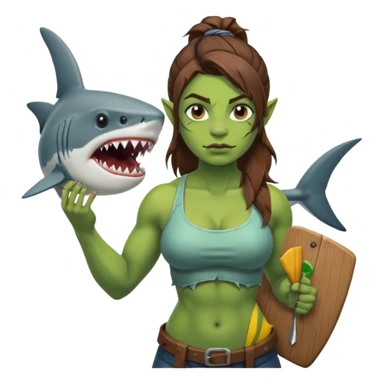orc female holds a board with a shark painted vertically in his hands sticker