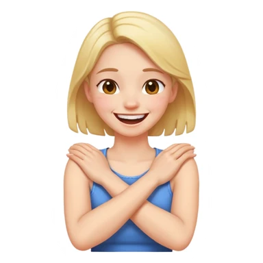 Girl with arms crossed holding neck and laughing sticker