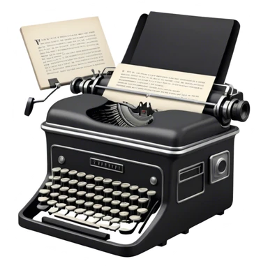 Create an emoji representing screenwriting. The design should feature an open script with visible dialogue and action lines, symbolizing the writing of a screenplay. Include a classic typewriter or modern writing device, such as a laptop, to signify the creative process. Place an old-style film camera next to the script to emphasize the cinematic connection. Use a professional color palette with black, white, and subtle metallic tones. Do not include any emojis or smiley faces. Make the background transparent sticker