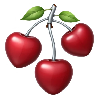 A pair of cherries emoji made of polished silver chrome, smooth rounded shapes, glossy metallic finish, soft highlights and reflections, cute proportions, iOS emoji style, centered, clean white background, no text sticker