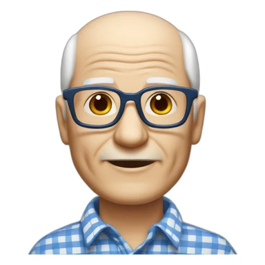 80-year-old grandfather with white skin color and glasses to see, wearing a white and blue checkered shirt. with white hair bald front of the head  sticker