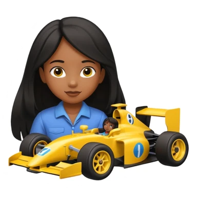  long black haired black girl kid playing yellow colored formula 1 car toy sticker