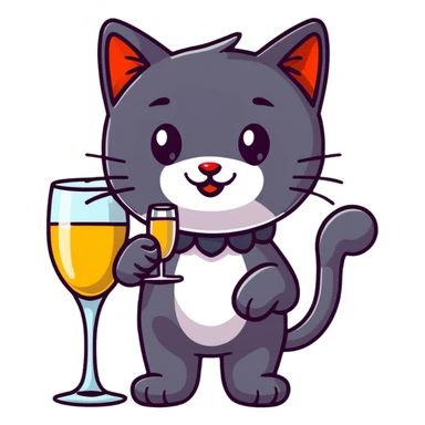 black cat with a red clown nose and a glass of champagne in its paw, playful and festive sticker