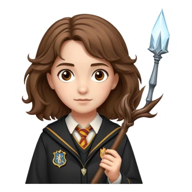 Hermione Granger with bushy brown hair, wand, and Hogwarts uniform sticker
