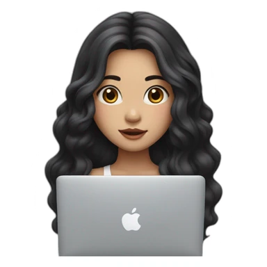 Korean girl with long and wavy black hair in front of her macbook, face whiter sticker