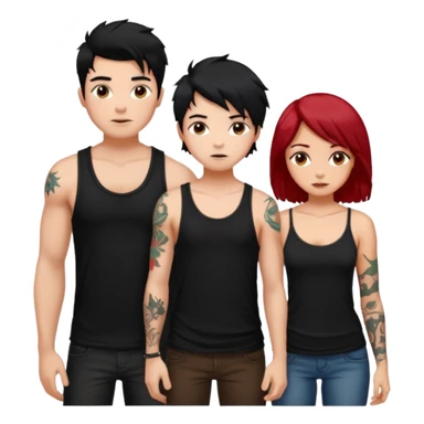 generate a fair boy with messy black hair, tattoos. standing beside a fair black haired girl wearing a black cami top and a tan girl with red hair sticker