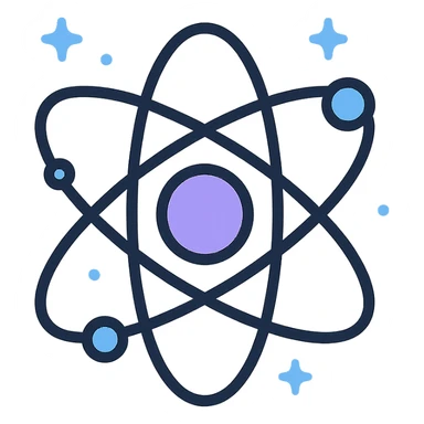 minimalist atomic nucleus with orbiting electrons, subtle starry space background, cool blue and purple palette, modern flat icon style, optimized for small size sticker