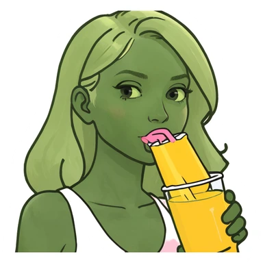 Blond girl with light pink dress dring yellow juice sticker